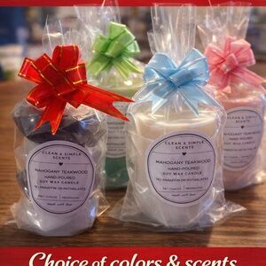 Mahogany Teakwood or Champagne Toast Soy Wax Candles with Colorful Ribbons